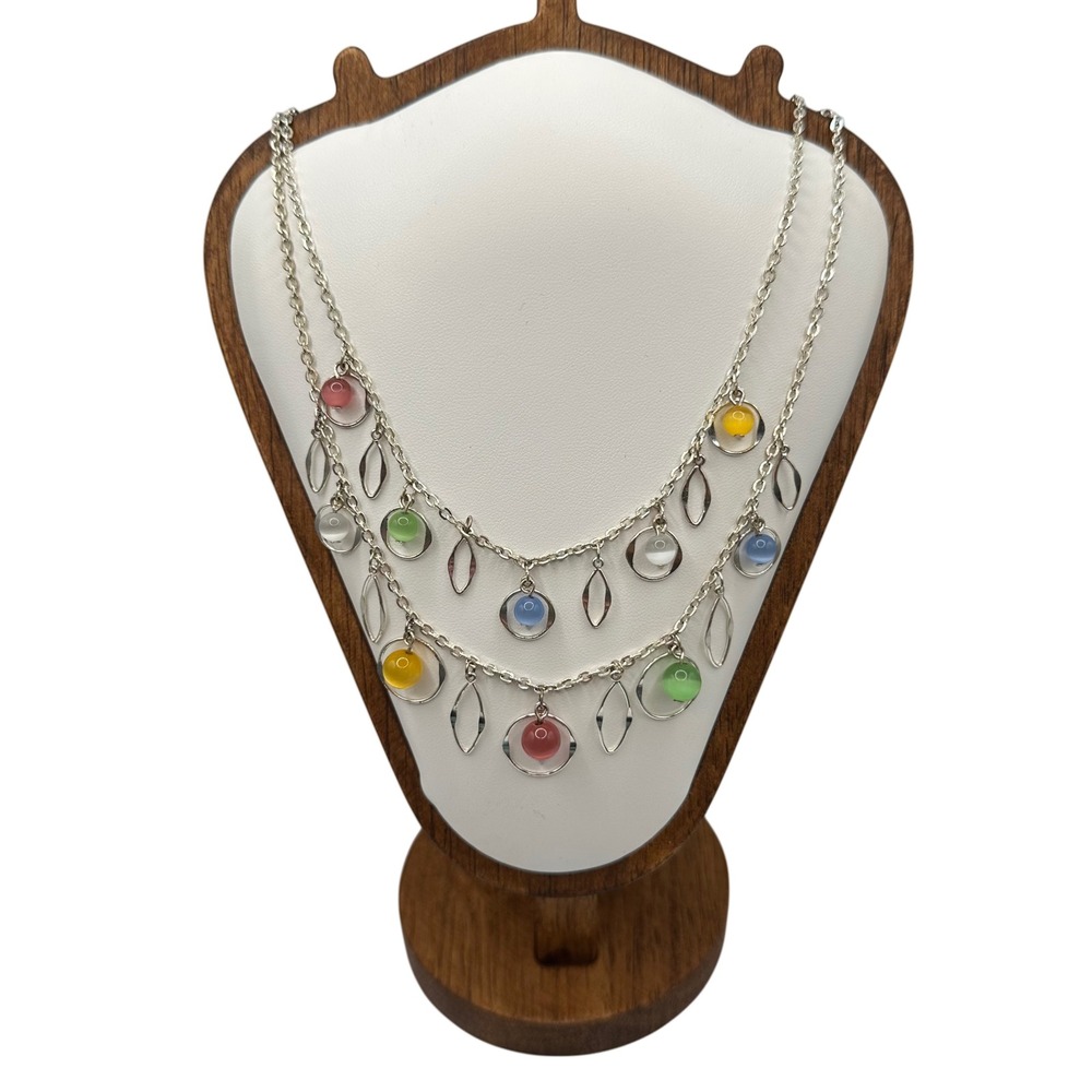 VTG Y2K Pastel Cats Eye Bead Double‎ Strand Silver Tone Necklace Fairycore 20"